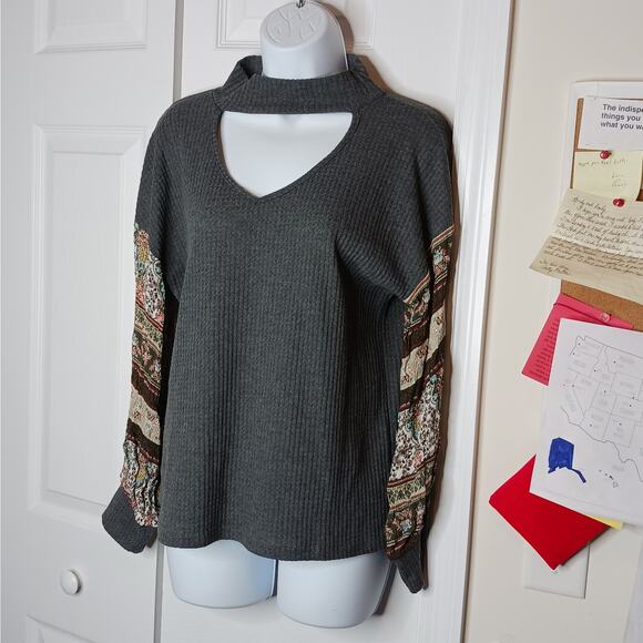 Bibi Waffle Knit Keyhole Neck Boho Top Sz M - Picture 2 of 7